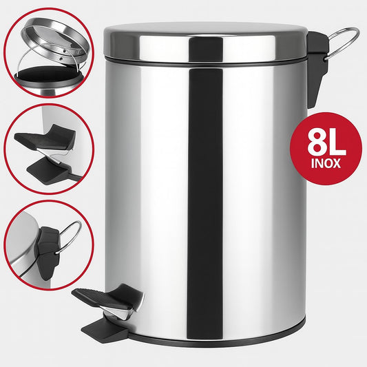 Lixeira Inox Com Pedal e Cesto Interno Removível 8 L Para Cozinha Banheiro Escritório