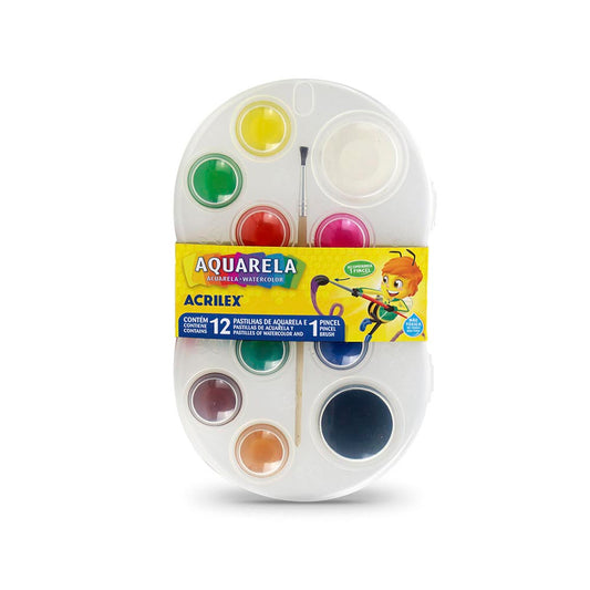 Estojo Pastilhas De Aquarela Com 12 Cores E Pincel Acrilex