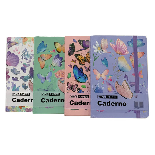 Caderno Pequeno A5 Brochura Capa Dura Borboleta Com Elástico