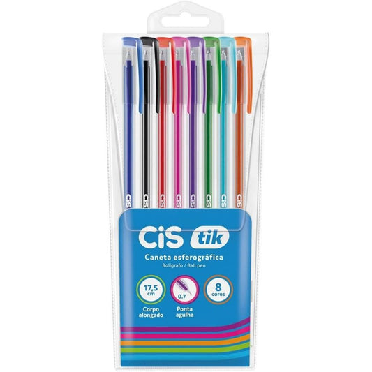 Kit Caneta Esferográfica Tik Ponta Fina Com 8 Cores Sertic