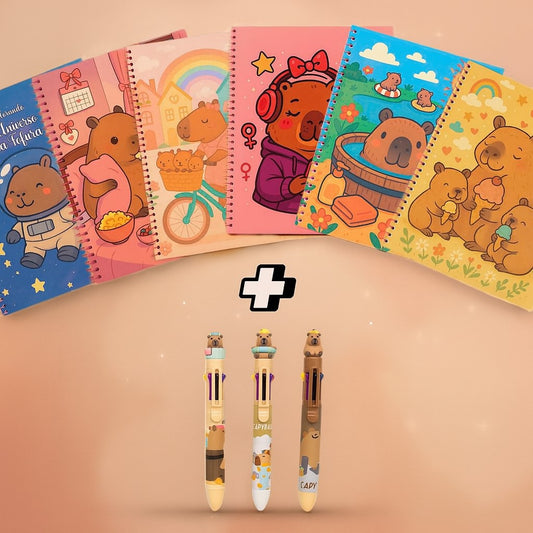 Kit Escolar Capivara Fofa Caderno 1 Matéria + Caneta Com 8 Cores