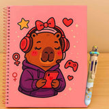 Kit Escolar Capivara Fofa Caderno 1 Matéria + Caneta Com 8 Cores