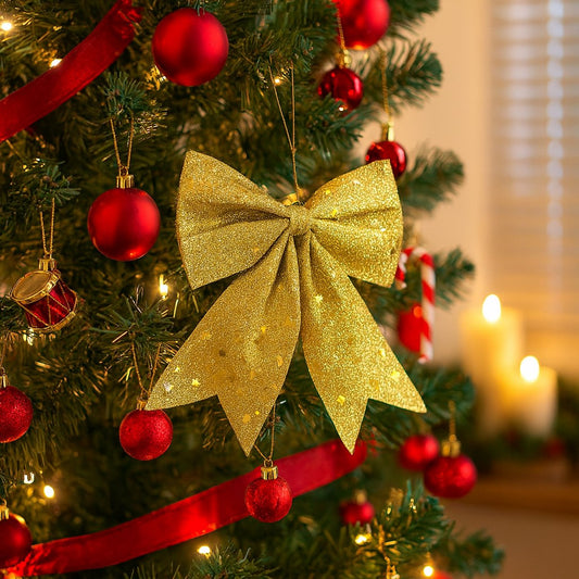 Laço De Natal Glitter Com Estrelinhas 14Cm Com 2 Decoração Árvore