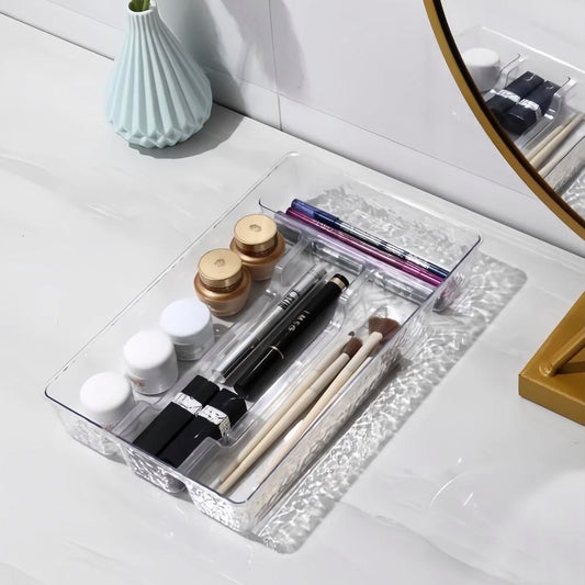 Organizador Transparente Texturizado Com 4 Divisórias Multiuso Para Talheres Canetas Maquiagens