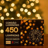 Cordão Luminoso 450 Leds Branco Quente Com 8 Funções