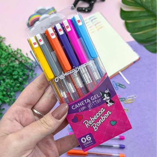 Kit Caneta Gel Com Glitter Rebecca Bonbon Com 6 SkyPaper