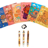 Kit Escolar Capivara Fofa Caderno 1 Matéria + Caneta Com 8 Cores