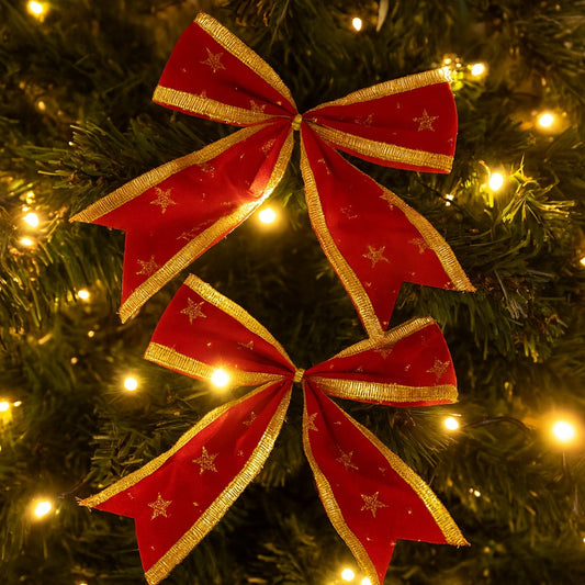 Laço De Natal Vermelho Com Detalhes Dourados 14cm Com 2 Decoração Árvore