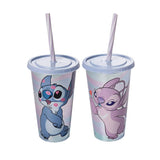 Copo Stitch Metalizado Com Tampa e Canudo 500ml