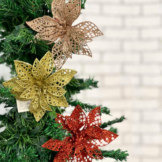 Flor De Natal Decorada Vazada Com Glitter 12Cm