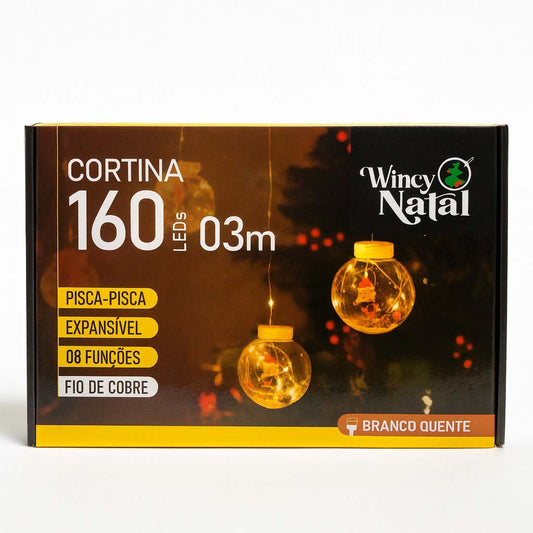 Cortina De Natal 160 Leds 3m Com Bolas Pisca Pisca 8 Funções Bivolt Branco Quente Iluminação E Decoração