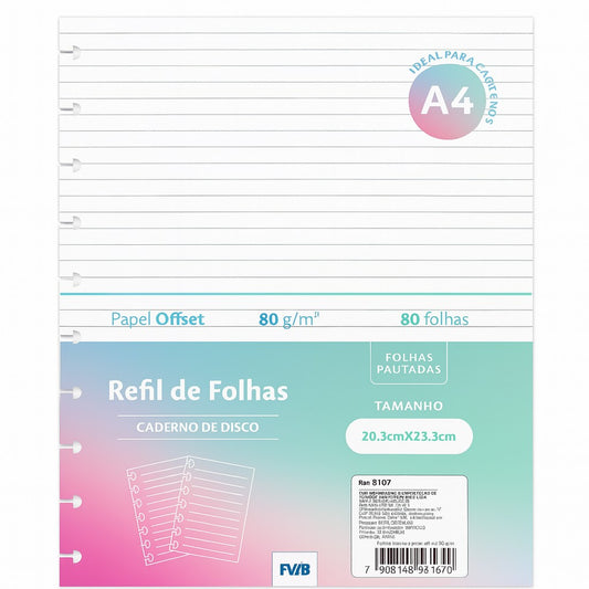 Refil De Folhas Pautadas Para Caderno De Disco Grande 11 Discos 80 folhas