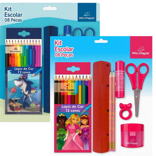 Kit Escolar Infantil Temático Papelaria Com 8 Peças Menina/Menino