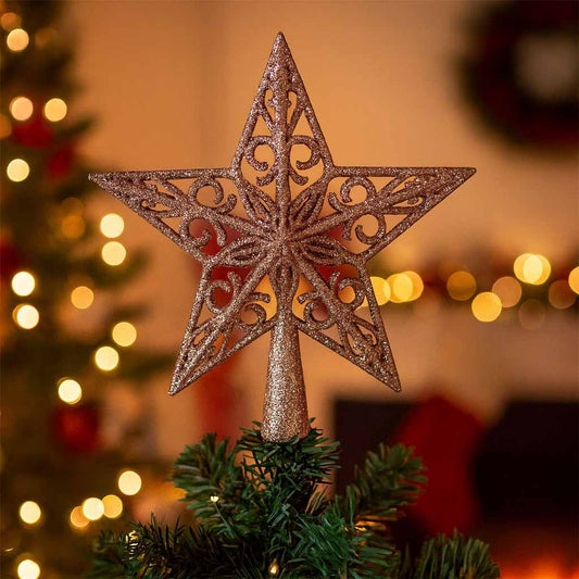 Ponteira De Estrela Glitter Rosé Vazada 17cm