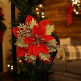 Enfeite Decorativo de Natal Galho Flor Vermelha Com Pétalas Glitter Dourado