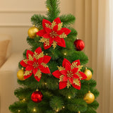 Enfeite Decorativo de Natal Galho Flor Vermelha Com Pétalas Glitter Dourado