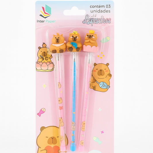 Kit Lapiseira Troca Ponta Capivara Com 3 Peças Papelaria Fofa