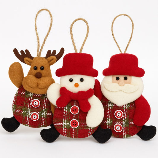 Enfeite De Natal Papai Noel/Boneco de Neve/Rena Feltro Xadrez 14cm