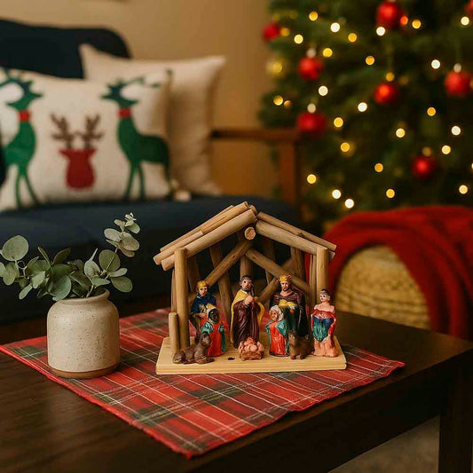 Presépio De Natal 9 Peças Em Resina E Madeira 18cm