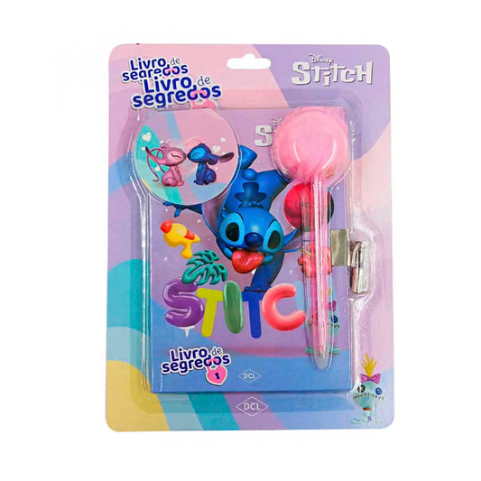 Diário Fofo Livro de Segredos Stitch Com Caneta Pompom Chave e Cadeado Infantil