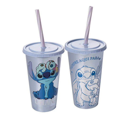 Copo Stitch Metalizado Com Tampa e Canudo 500ml