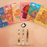 Kit Escolar Capivara Fofa Caderno 1 Matéria + Caneta Com 8 Cores