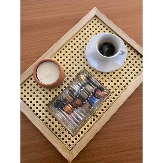 Bandeja Decorativa Retangular Trançada Com Superfície Em Vidro