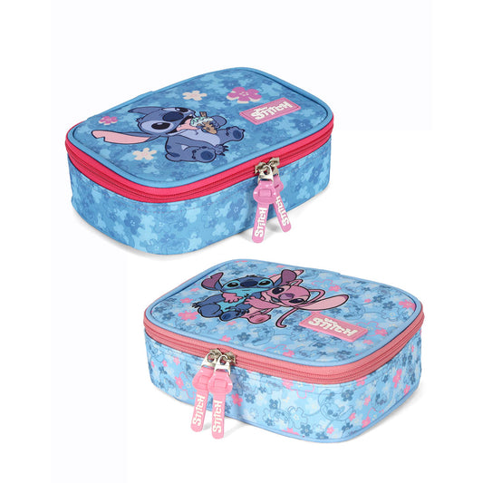 Estojo Box Escolar Stitch e Angel 36 Elásticos 100 Pens Original Disney Luxcel