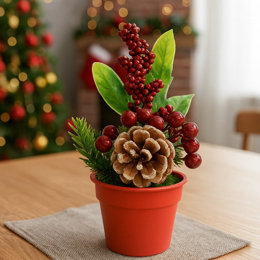 Enfeite De Natal Mini Arranjo Cereja/Folhagens Decoração Para Mesa 20cm