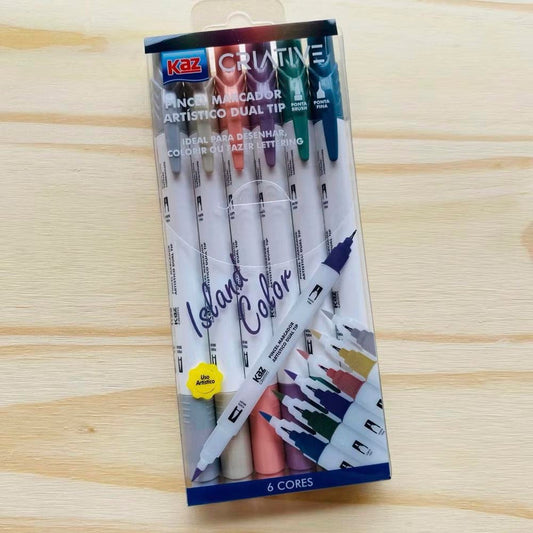 Pincel Marcador Artístico Dual Tip Ponta Brush e Ponta Fina Pastel 6 Cores