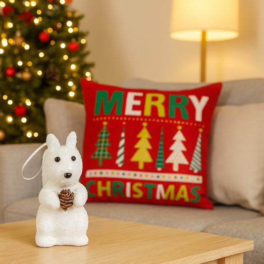 Enfeite De Natal Esquilo Branco Com Glitter 10cm