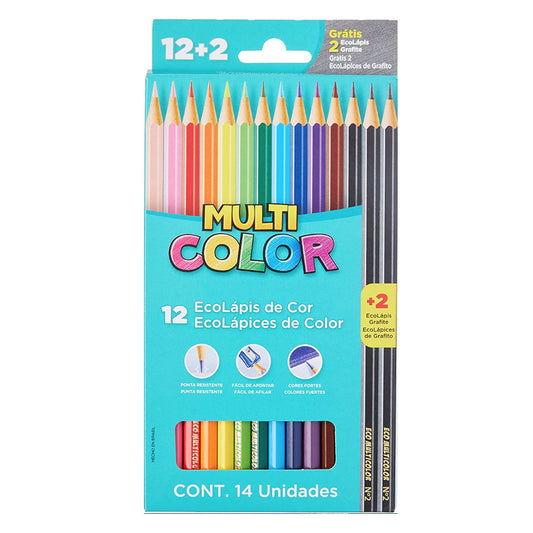 Lápis De Cor Com 12 cores + 2 Ecolápis Multicolor