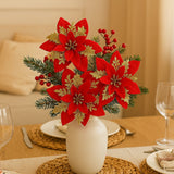 Enfeite Decorativo de Natal Galho Flor Vermelha Com Pétalas Glitter Dourado