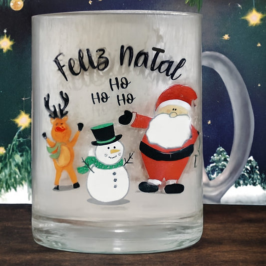 Caneca De Natal Vidro 320ml Estampa Natalina Papai Noel/Rena/Boneco de Neve