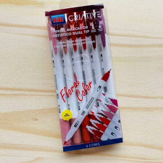 Pincel Marcador Artístico Dual Tip Ponta Brush e Ponta Fina 6 Cores