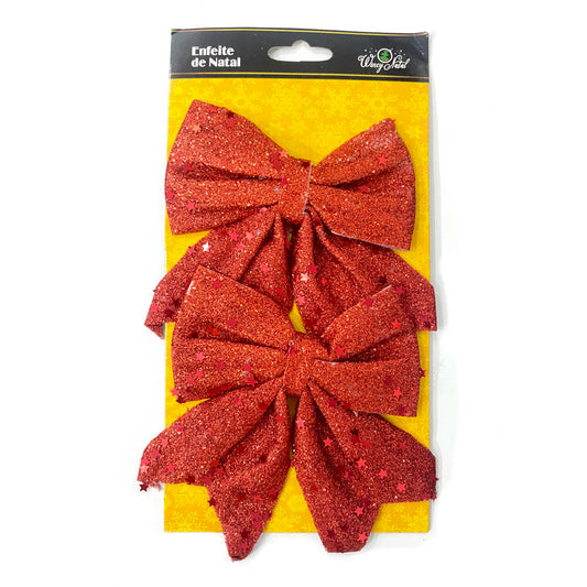 Laço De Natal Glitter Com Estrelinhas 14Cm Com 2 Decoração Árvore