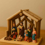 Presépio De Natal 9 Peças Em Resina E Madeira 18cm