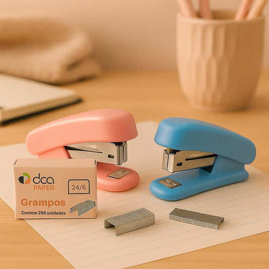 Kit Mini Grampeador Com Refil 200 Grampos Rosa ou Azul