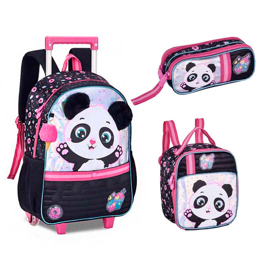 Kit Mochila Escolar De Rodinha + Lancheira + Estojo Panda Clio