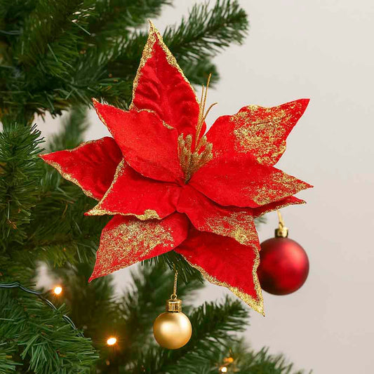 Enfeite Galho Flor Vermelha Com Borda Em Glitter Dourado