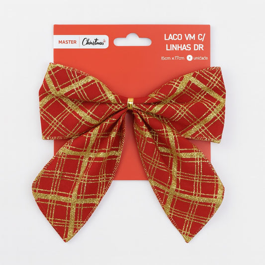 Laço De Natal Decorado Vermelho Com Detalhes Dourados 17cm