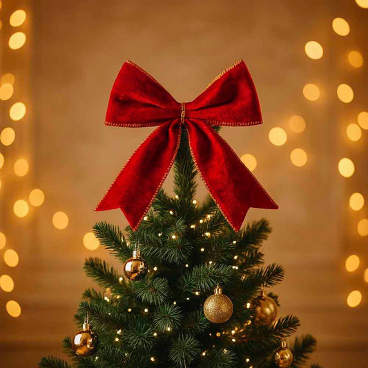 Laço De Natal Vermelho Aveludado Com Dourado 15cm