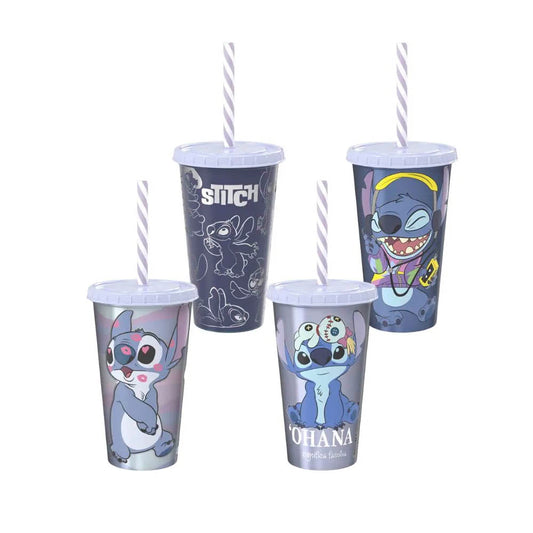 Copo Stitch Metalizado Com Tampa e Canudo 500ml