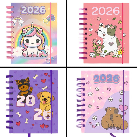 Agenda 2026 Fofa Pequena Espiral Capa Dura 336 Páginas Capivara/Unicórnio/Gato/Cachorro